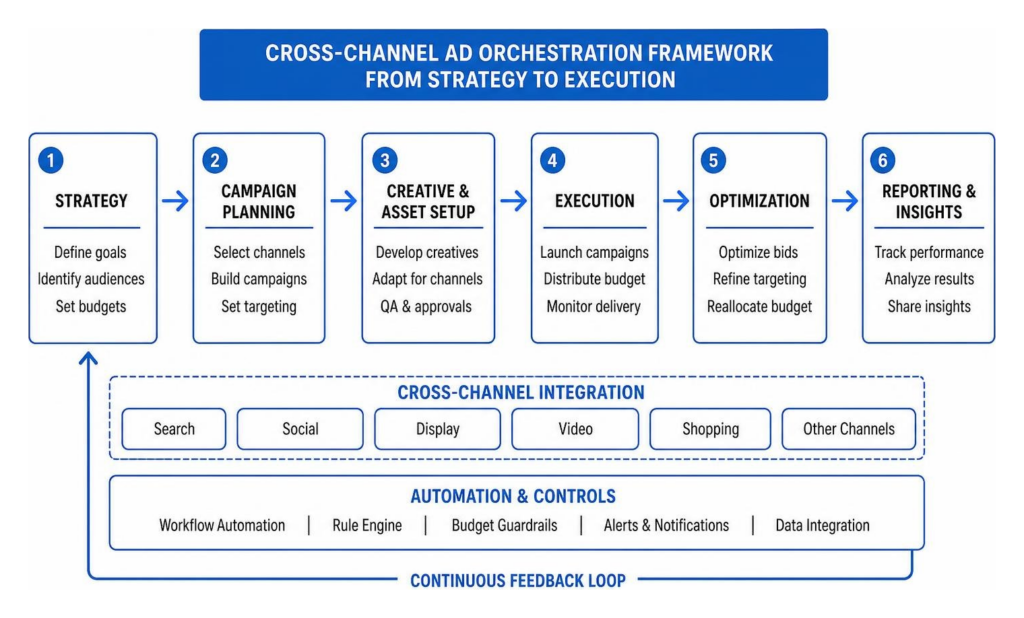 Cross-channel ad orchestration framework from strategy to execution
