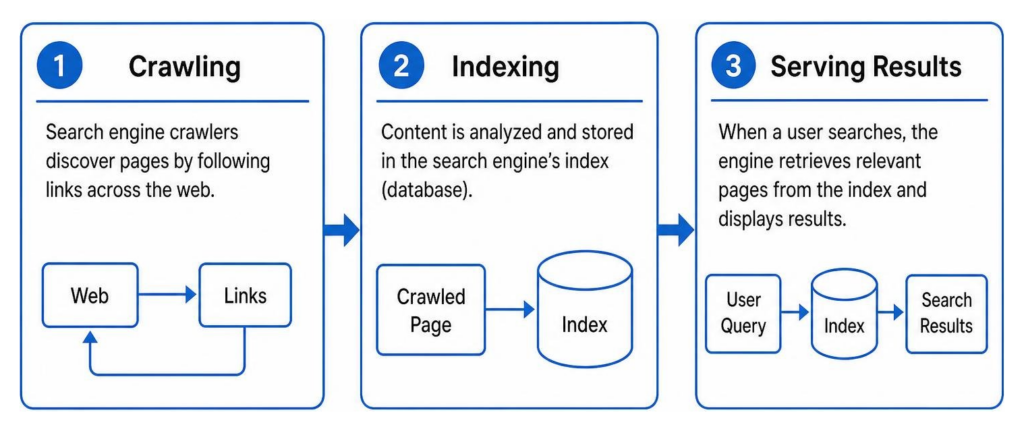 Diagram showing the sequential process of web crawling, indexing, and serving search results