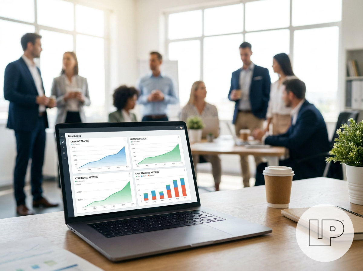 A modern marketing dashboard on a laptop showing organic traffic, leads, revenue, and call tracking metrics side by side in a bright agency workspace with a confident, high-energy business vibe.