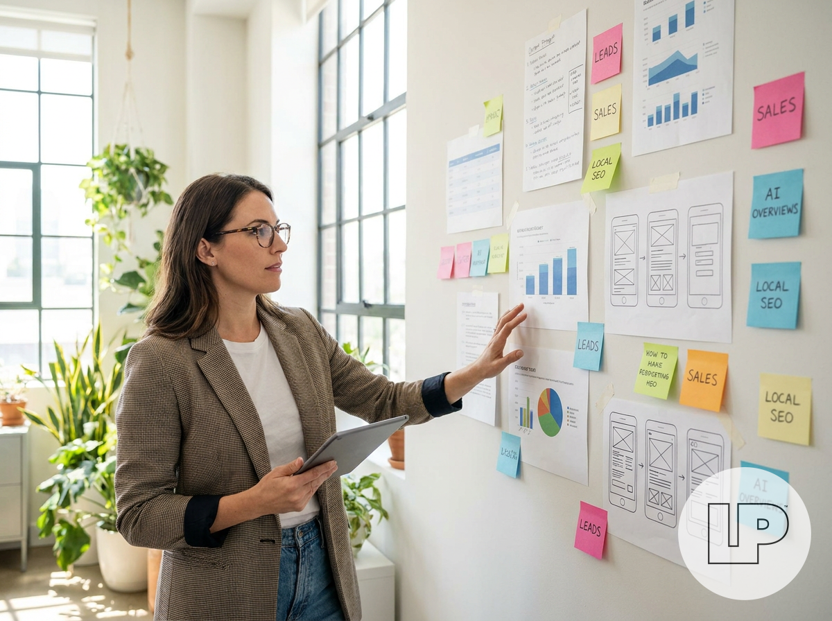 A content strategist reviewing a wall of keyword clusters, customer journey notes, and landing page wireframes, with sticky notes labeled leads, sales, local SEO, and AI Overviews.