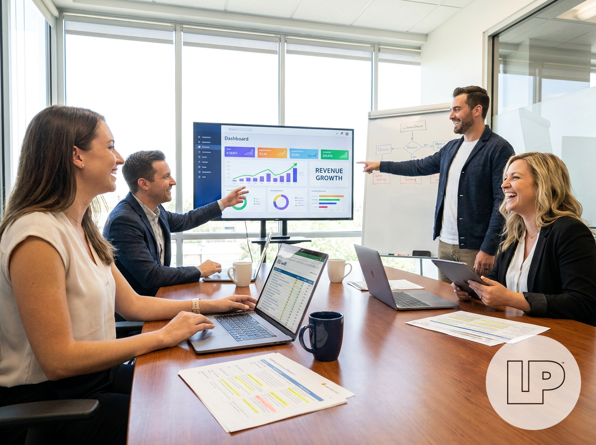 A sharp, slightly playful agency meeting scene with a team reviewing revenue dashboards, SEO audits, and lead attribution reports, conveying transparency, expertise, and momentum.