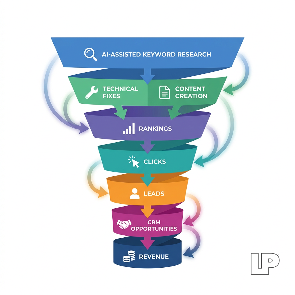 A funnel-style infographic showing the path from AI-assisted keyword research to technical fixes, content creation, rankings, clicks, leads, CRM opportunities, and revenue, with each stage labeled and connected by attribution arrows.