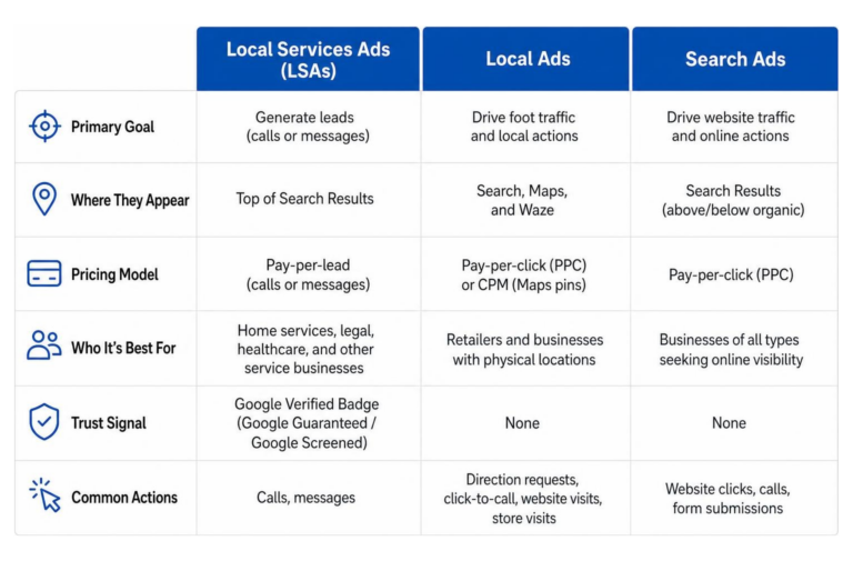 Comparison of Google Local Services Ads, Local Ads, and Search Ads
