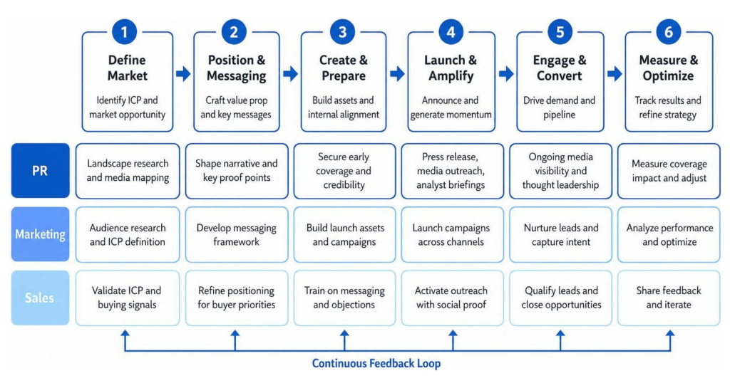 Step-by-step GTM workflow integrating PR, sales, and marketing
