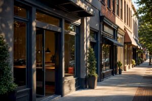 Multiple local storefronts along an urban district