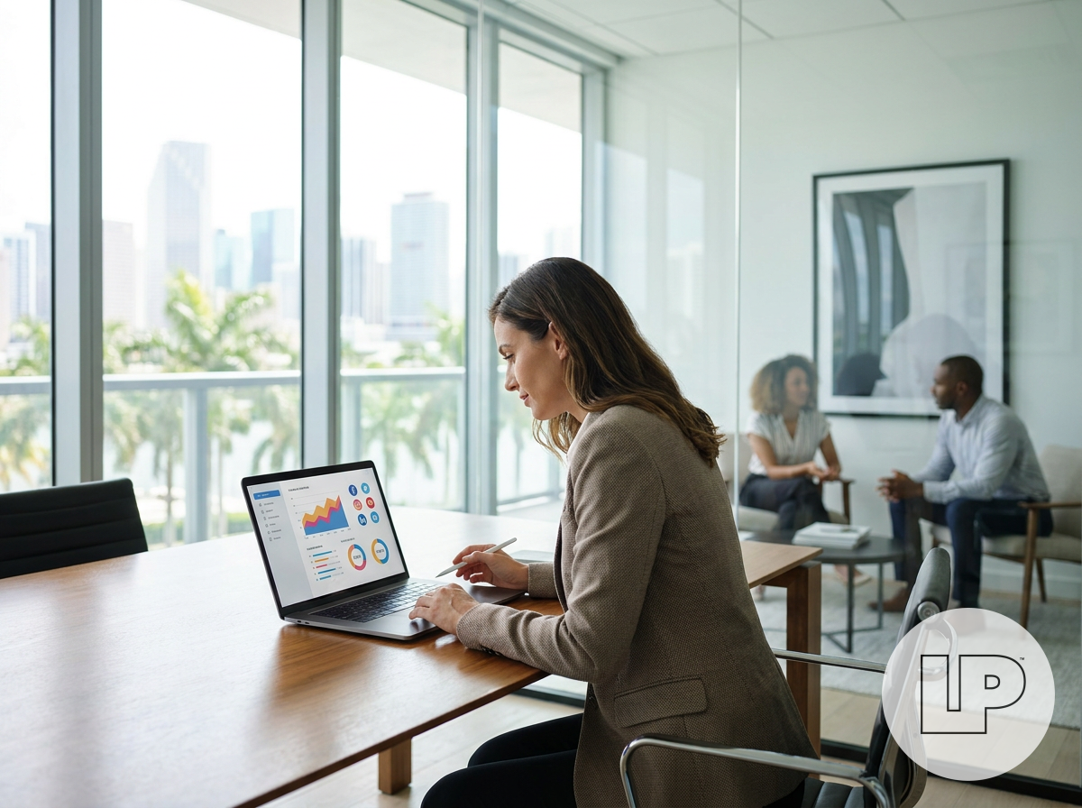 A modern Miami business owner reviewing Facebook and Instagram ad performance dashboards on a laptop in a bright office with subtle Miami skyline elements, clean professional marketing aesthetic