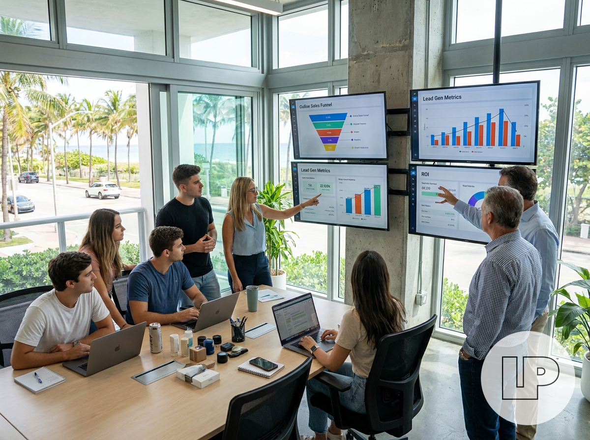 A Miami eCommerce team and a local service business team reviewing ad funnel metrics on large screens, representing both online sales and lead generation use cases