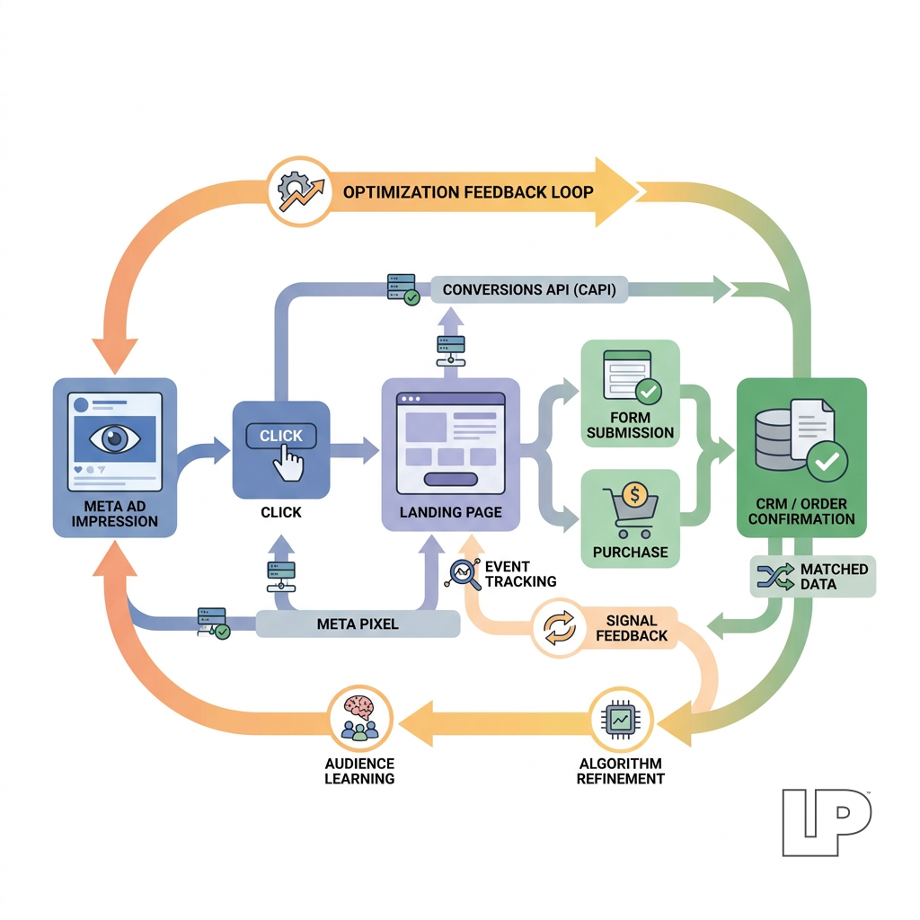 Infographic showing the Meta paid social conversion path: ad impression to click to landing page to form or purchase to CRM or order confirmation, highlighting Meta Pixel, Conversions API, event tracking, audience learning, and optimization feedback loops